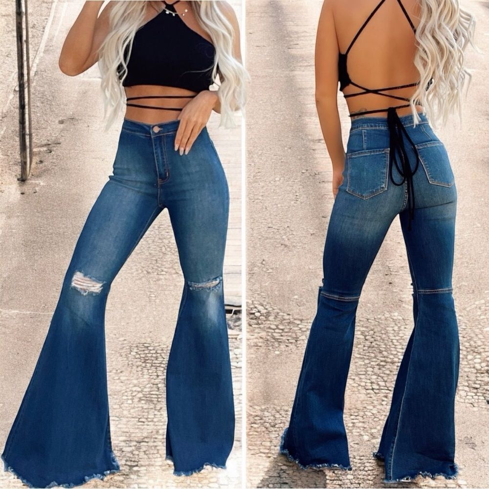 Mid Wash Distressed Knee Flare Jeans | High Rise Stretch | Raw Hem | NWT - Picture 4 of 16